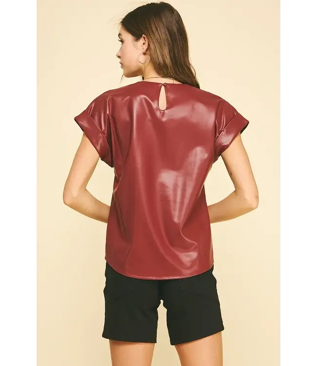 Pinch Faux Leather Cap Sleeve Top