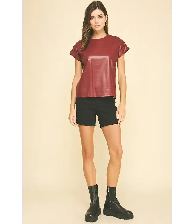 Pinch Faux Leather Cap Sleeve Top