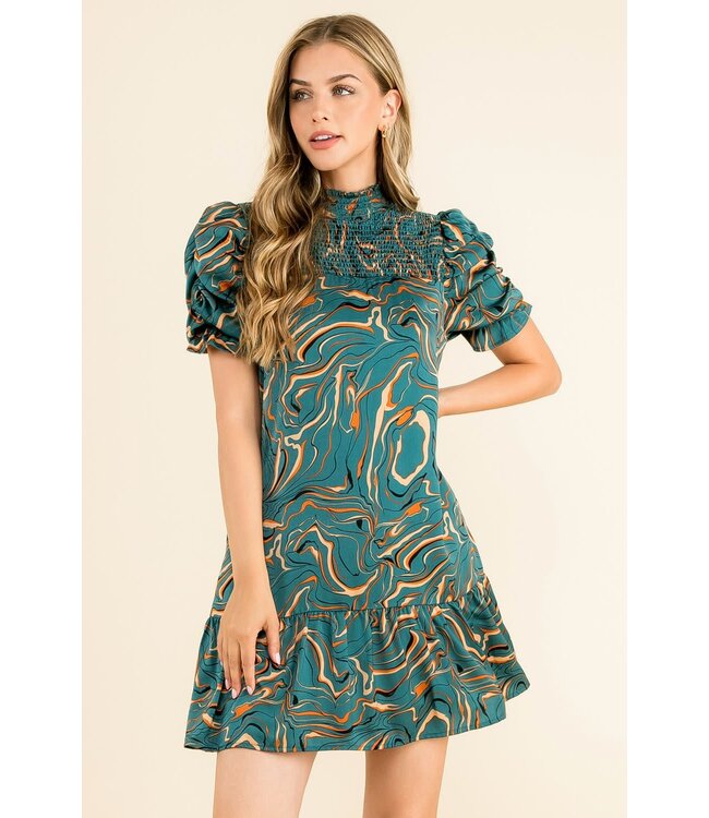 THML Ruched Sleeve Abstract Print Dress