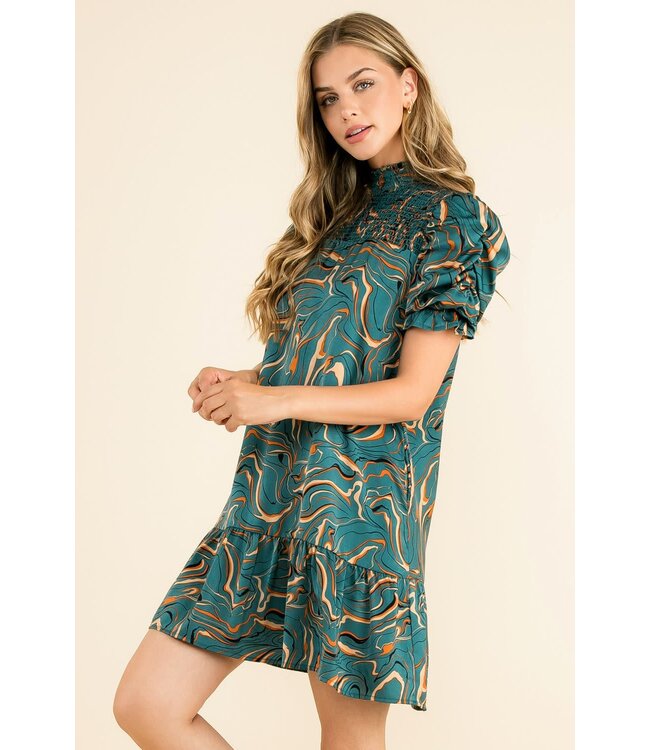THML Ruched Sleeve Abstract Print Dress