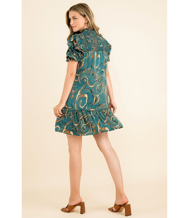 THML Ruched Sleeve Abstract Print Dress