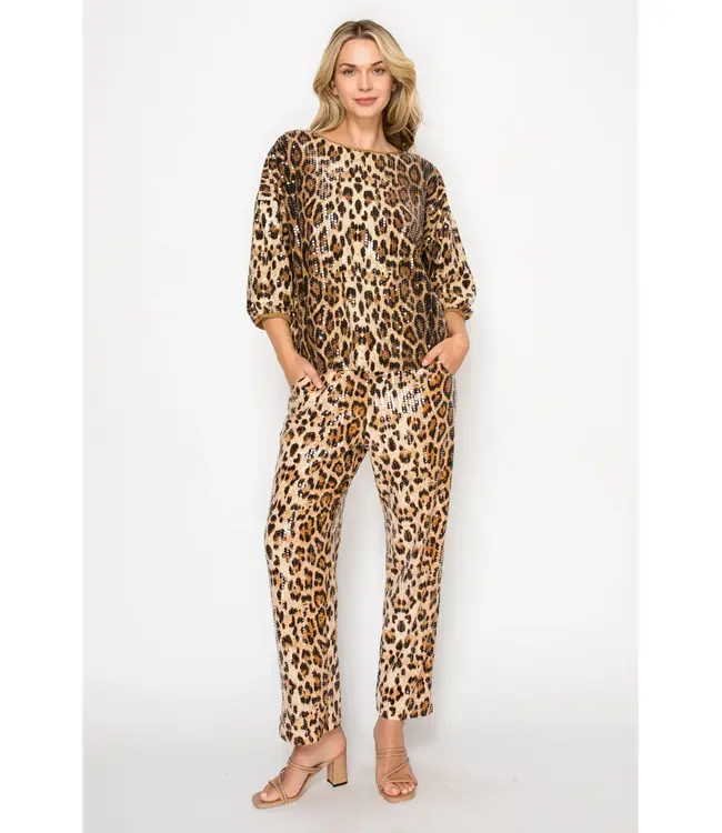 Joh Jelica Sequin Top/Jing Sequin Animal Print Pants Set