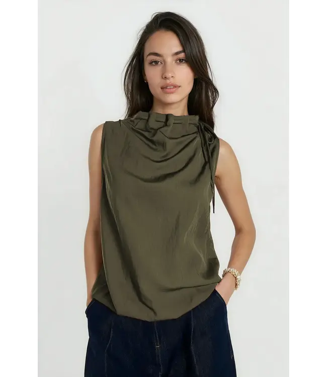 Naked Zebra Cinched Mocked Neck Sleeveless Top