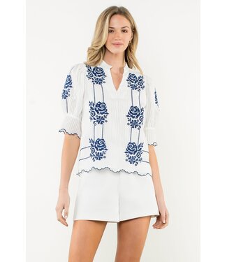 THML Embroidered Puff Sleeve Stripe Top