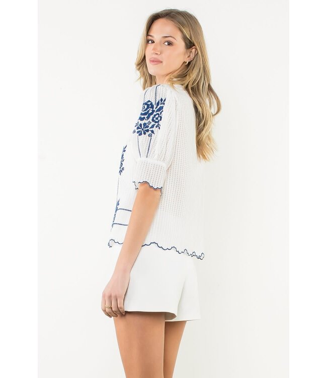 THML Embroidered Puff Sleeve Stripe Top
