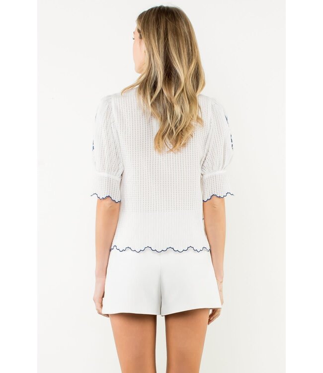 THML Embroidered Puff Sleeve Stripe Top