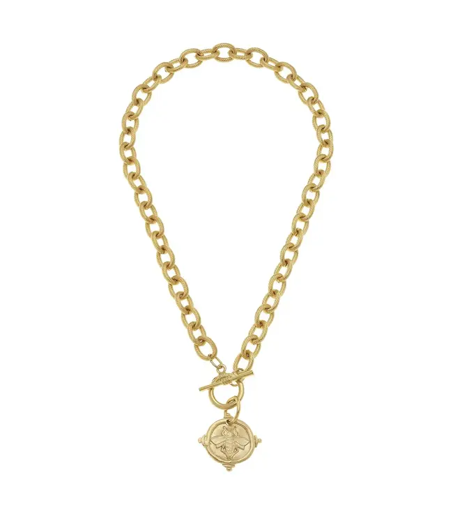 Susan Shaw Handcast Gold Intaglio Bee Front Toggle Necklace