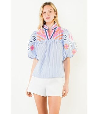 THML Puff Sleeve Embroidery Detail Textured Top