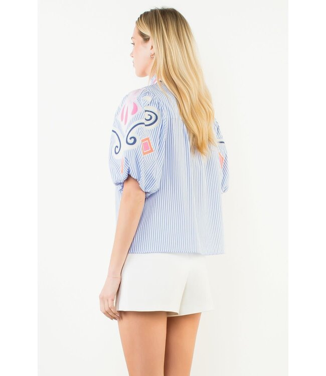 THML Puff Sleeve Embroidery Detail Textured Top