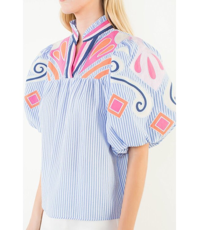 THML Puff Sleeve Embroidery Detail Textured Top