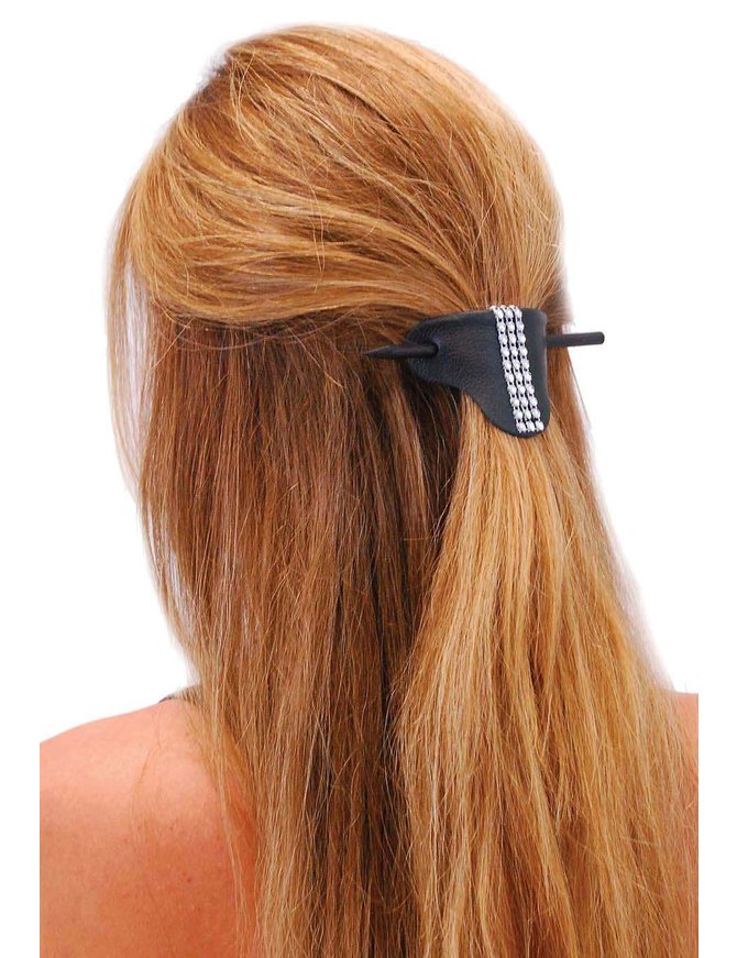 Jamin Leather® Black Leather Stick Barrette w/Crystal Stripe #AH14050SIL