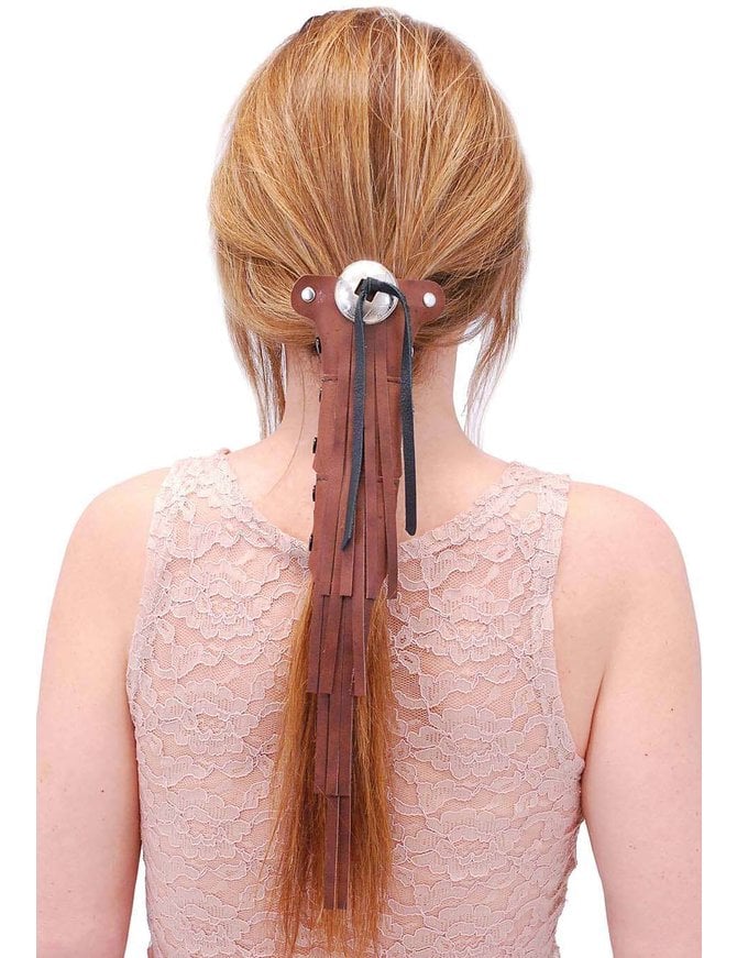 Jamin Leather Extra Long Brown Leather (10.5 Inch) Fringed Hair Tube #AHW14016FN