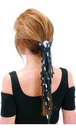 USA Brand Extra Long Silver Beaded Black Leather Hair Tube #AHW6543FBS