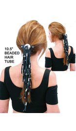 Made in USA Extra Long Silver Beaded Black Leather Hair Tube #AHW6543FBS