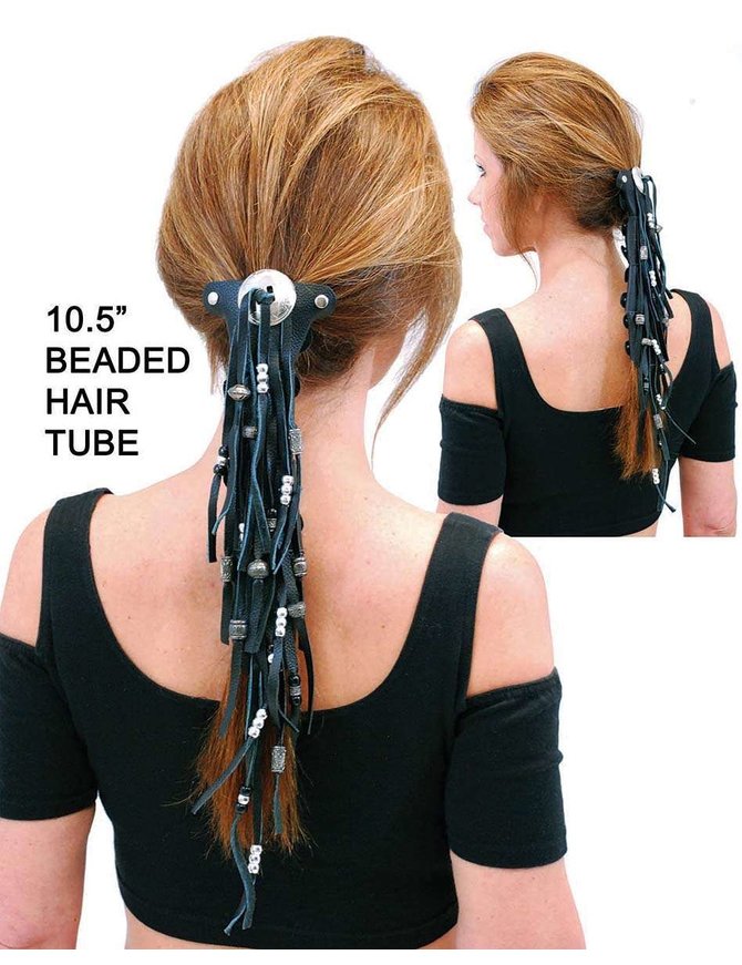 Made in USA Extra Long Silver Beaded Black Leather Hair Tube #AHW6543FBS