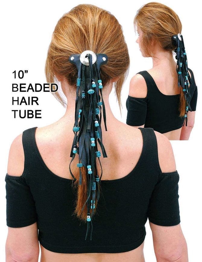 Jamin Leather® Extra Long Turquoise Beaded Black Leather Hair Tube #AHW6543FBT