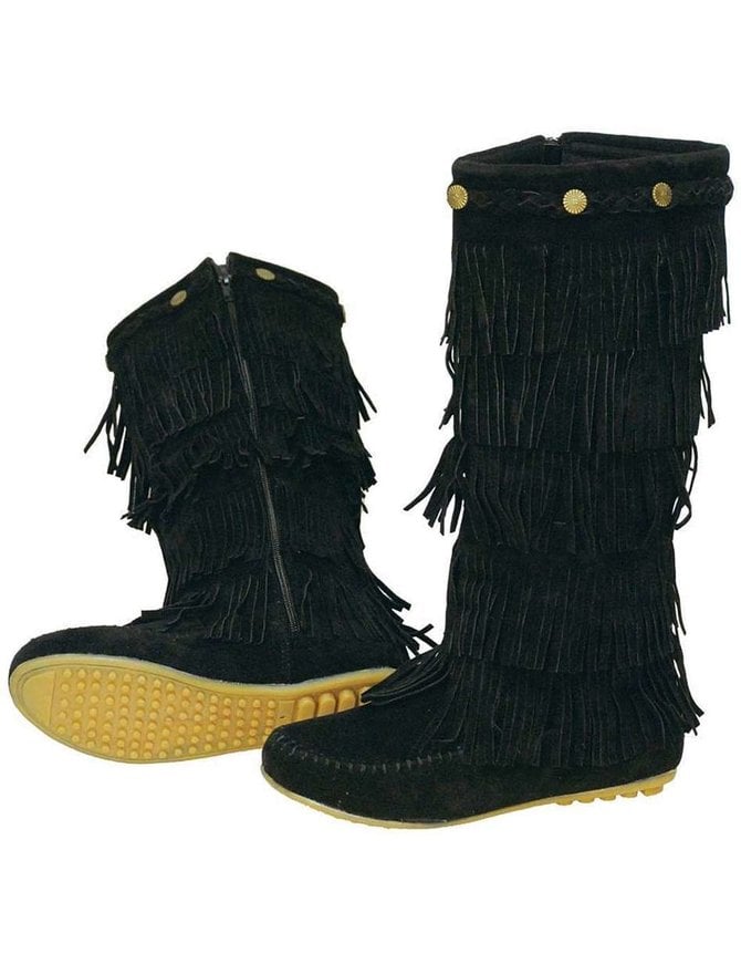 Black 4 Row Fringed Moccasin Boots #BLC32282FK