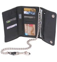 Made in USA Black Extra Long 16 Compartment Tri-fold Chain Wallet #WC3390K