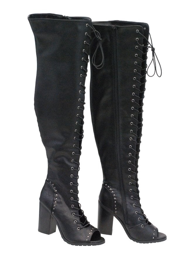 Milwaukee Milwaukee Lace Up Thigh High Open Toe Studded Boots #BLC9421THI