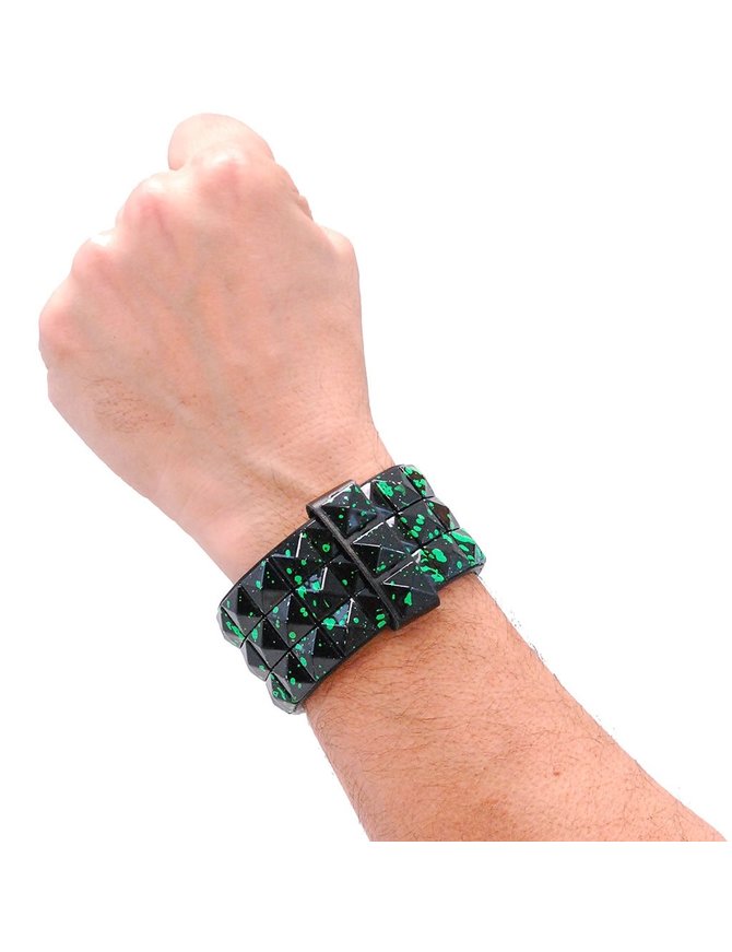 Black and Green Triple Row Pyramid Studded Leather Wristband #WB136GN