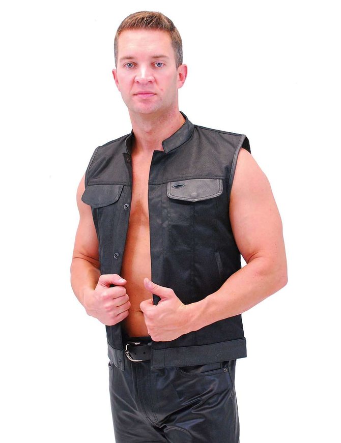 Men's Leather & Nylon Anarchy Biker Club Vest w/Concealed Pockets #VMC720K