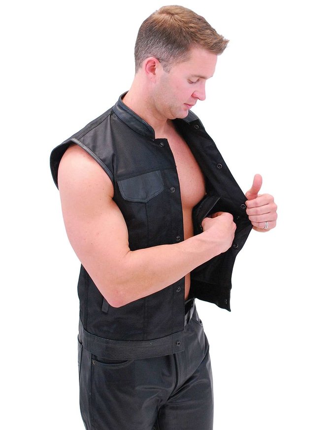 Men's Leather & Nylon Anarchy Biker Club Vest w/Concealed Pockets #VMC720K