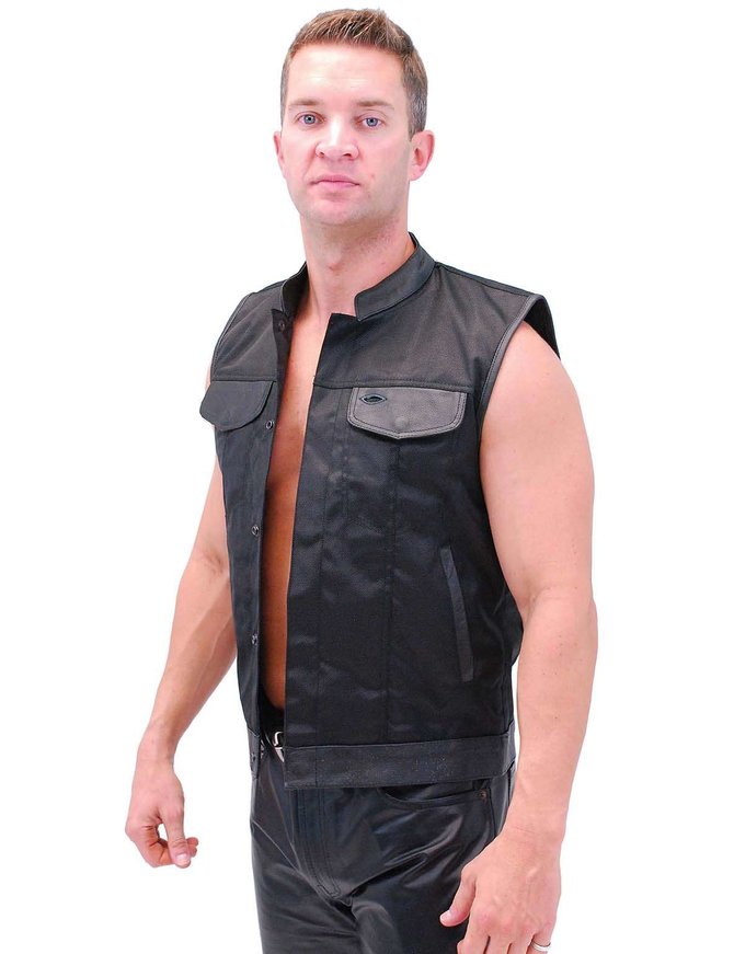 Men's Leather & Nylon Anarchy Biker Club Vest w/Concealed Pockets #VMC720K