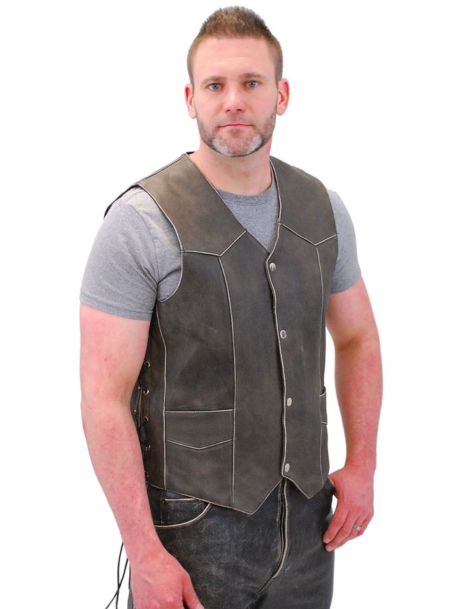 Jamin Leather® Vintage Brown Side Lace Biker Vest w/Concealed Pockets #VMA273LDN