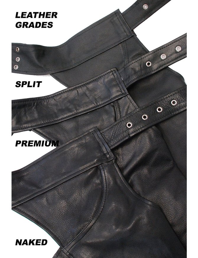 Black Multi-Pocket Naked Cowhide Leather Chaps W/ Zipout 