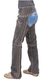 Jamin Leather® Women's Studded Trim Vintage Brown Chaps w/Pant Pockets #CA2801RDN (L-3X)