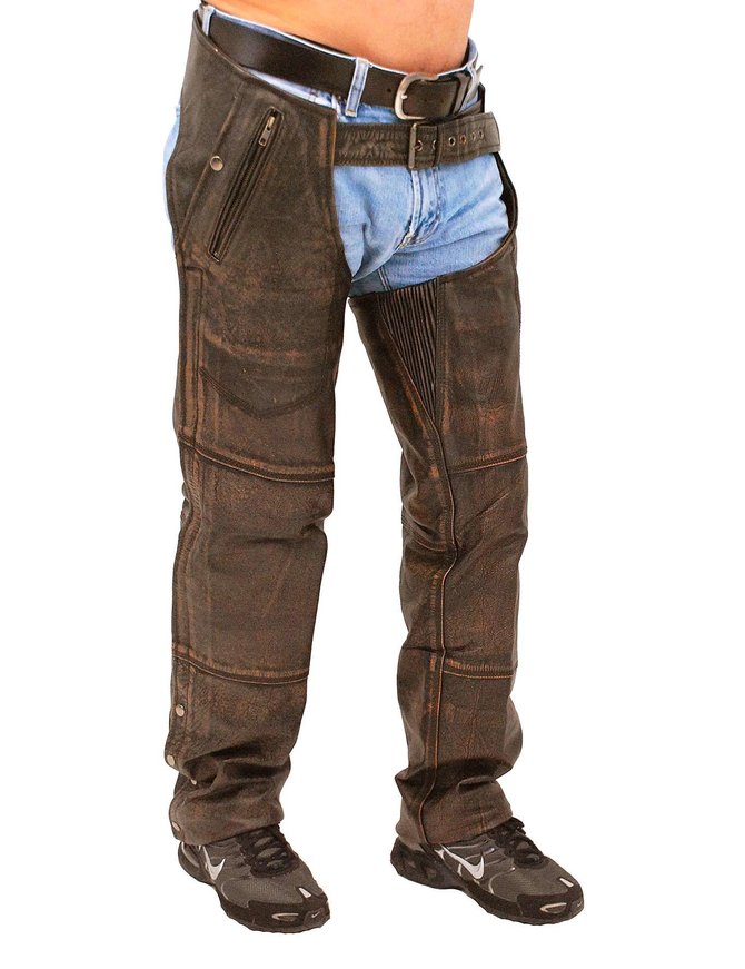 4 Pocket Vintage Distressed Brown Leather Chaps w/Removable Lining #CA5500ZDN