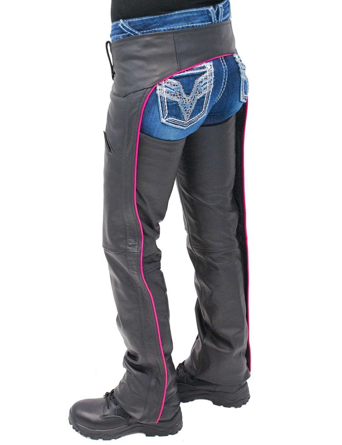 Women's Low Rise Pink Trim Premium Pocket Leather Chaps