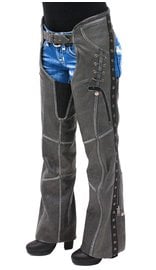 Milwaukee Eyelet Trim Stretch Thigh Vintage Gray Leather Chaps w/Zip Pocket #CL6536EYGY