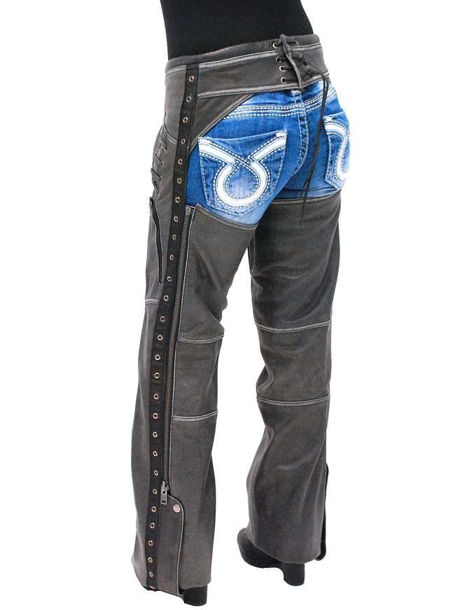 Milwaukee Eyelet Trim Stretch Thigh Vintage Gray Leather Chaps w/Zip Pocket #CL6536EYGY