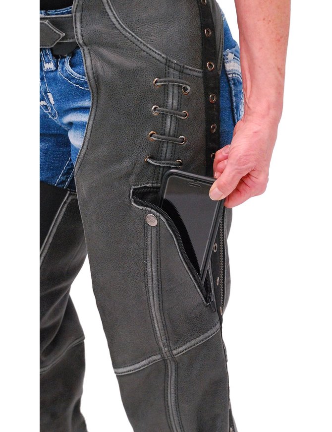 Eyelet Trim Stretch Thigh Vintage Gray Leather Chaps w/Zip Pocket  #CL6536EYGY - Jamin Leather®