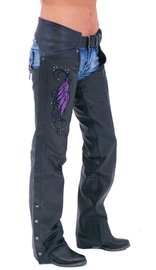Purple Wings Leather Chaps for Women w/Pant Pockets #CL7908PUR
