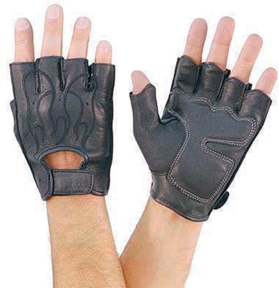 Black Leather FINGERLESS Gloves FLAMES Gel Palm Motorcycle Biker Rider Work Soft