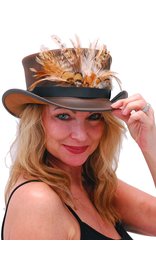 Made in USA SteamPunk Brown Leather Top Hat w/Large Feather Hatband #H5651XFN