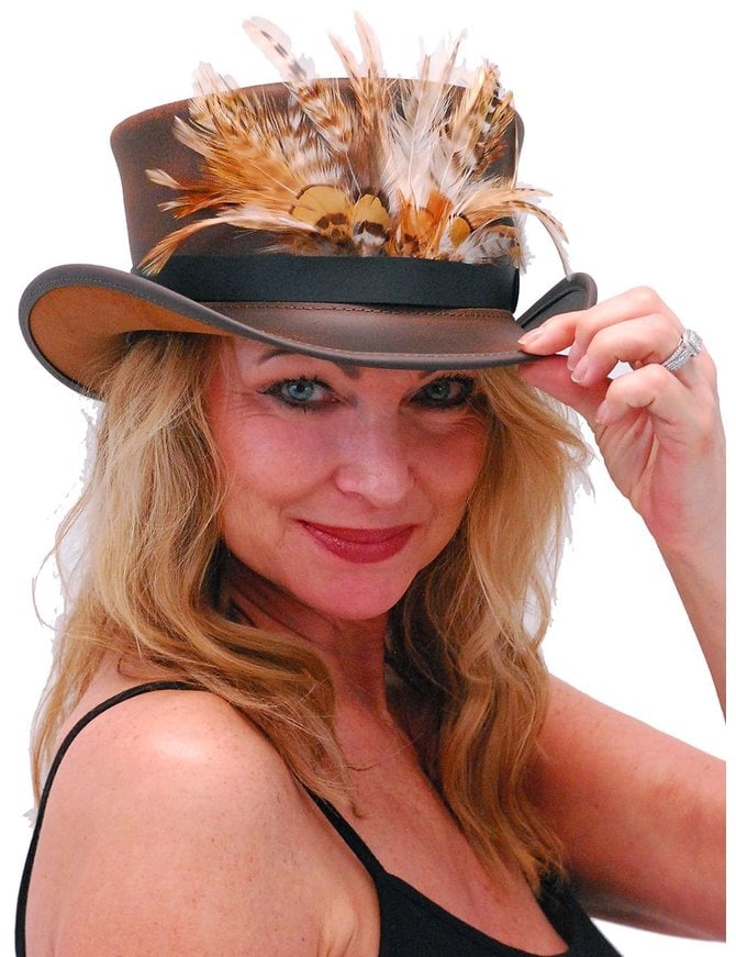 Made in USA SteamPunk Brown Leather Top Hat w/Large Feather Hatband #H5651XFN