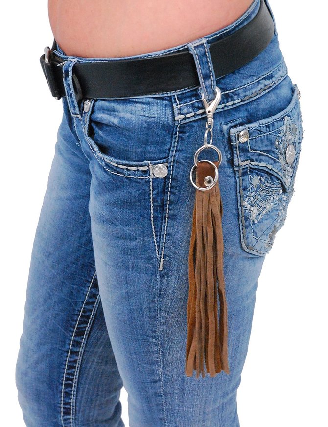 Jamin Leather® Long Brown Leather Fringe Key Chain with Claw Clip #KC1801N