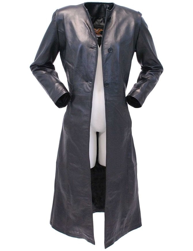 Black Leather Trench Coat Women's Genuine Lambskin Winter Long Overcoat  Jacket