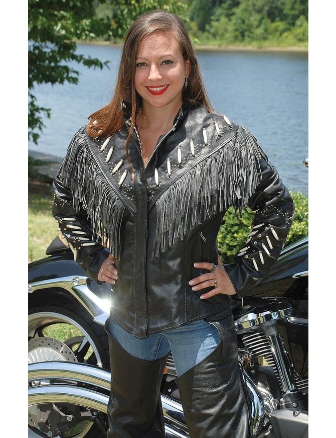 Jamin Leather® Genuine Bone Studded Fringe Leather Jacket #L1615FBK