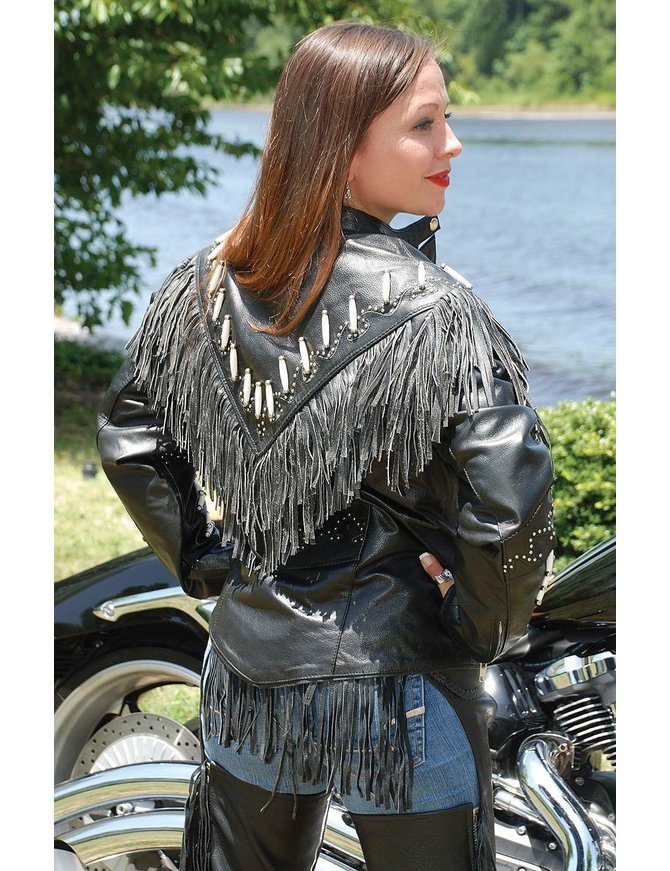 Jamin Leather® Genuine Bone Studded Fringe Leather Jacket #L1615FBK