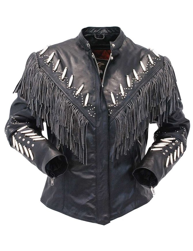 Genuine Bone Studded Fringe Leather Jacket #L1615FBK - Jamin Leather®