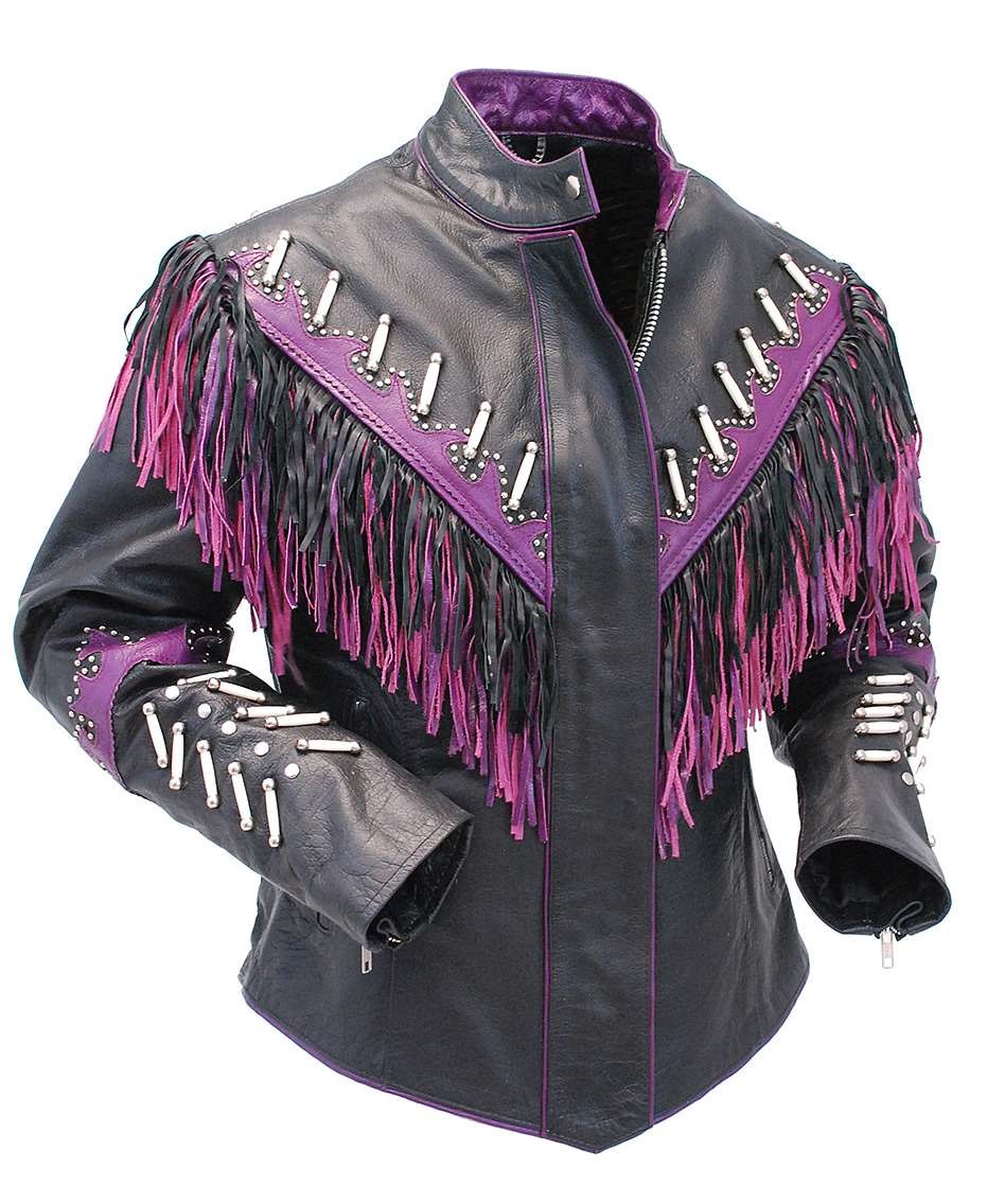 Genuine Bone & Purple Fringe Leather Jacket #L1616FBPUR