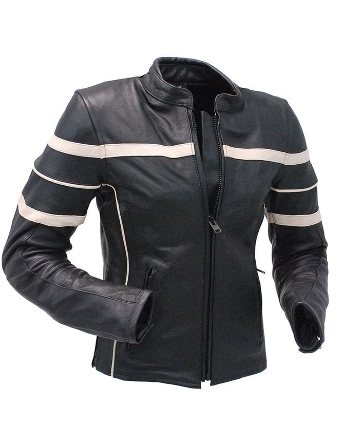 Women S Cream Stripe Vented Racer Motorcycle Jacket W Armor L259210azc Jamin Leather