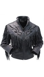 Women's Black Fringed Leather Jacket with Inlays #L285FZK