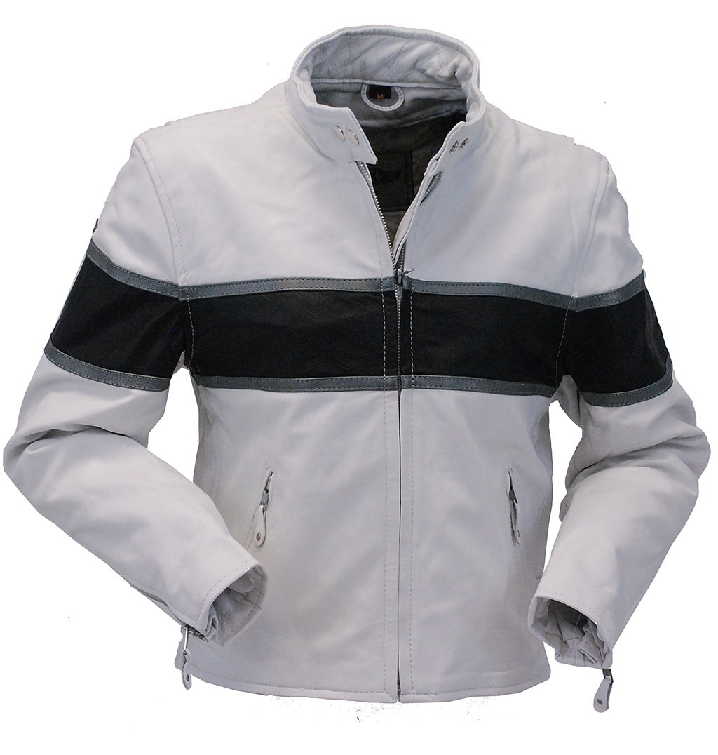 Unik Leather Apparel White Classic Scooter Leather Jacket w Wide Black Stripe 