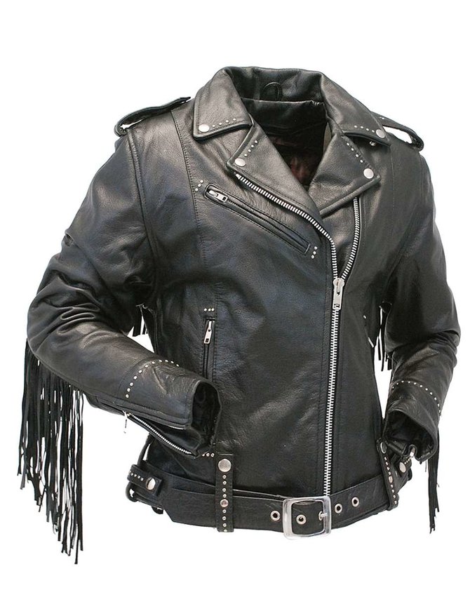 Stormwise Womens Western Fringed Genuine Leather Moto Jacket 