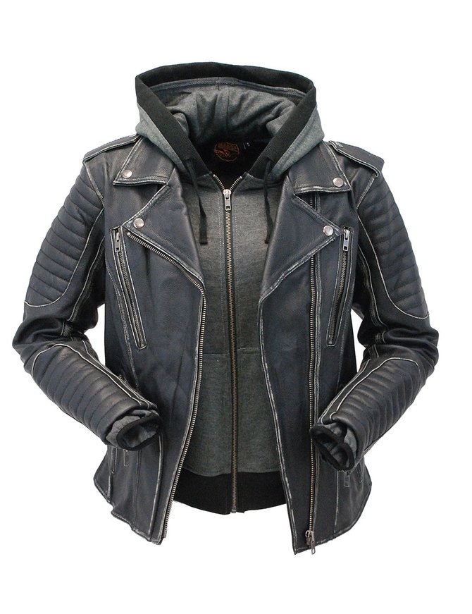 Women's Vintage Vented Concealed Pockets Motorcycle Jacket with Hoodie #LA2516VHK